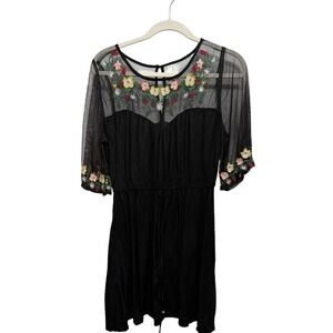 True Destiny Black Mesh‎ Embroidered Flower Dress Women's Size L Boho